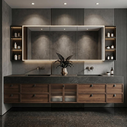60''-96'' Double Bathroom Vanity with Sink Modern Floating Slatted Wood Dark Stone Top