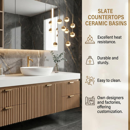 60''-96'' Double Bathroom Vanity with Sink Modern Floating Slatted Front Warm Oak Finish