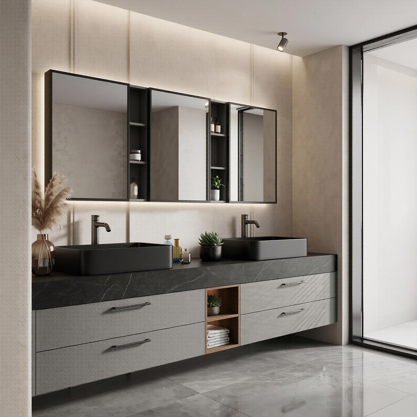 60''-96'' Modern Bathroom Vanity with Sink Floating Grey Cabinet Black Stone Countertop