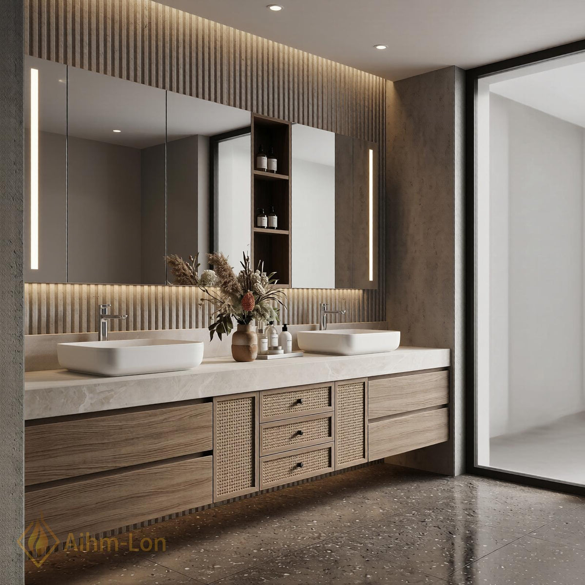 76''-96'' Double Bathroom Vanity with Sink Warm Oak Grain Rattan Drawer Pulls