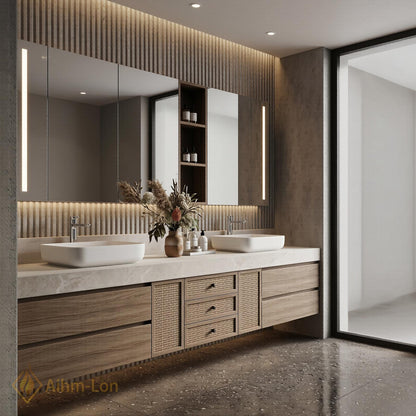76''-96'' Double Bathroom Vanity with Sink Warm Oak Grain Rattan Drawer Pulls