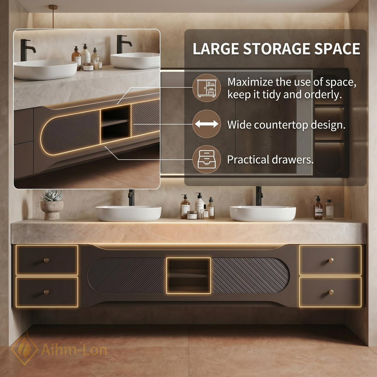 60''-96'' Double Bathroom Vanity with Sink Slatted Front Open Shelving Cabinet