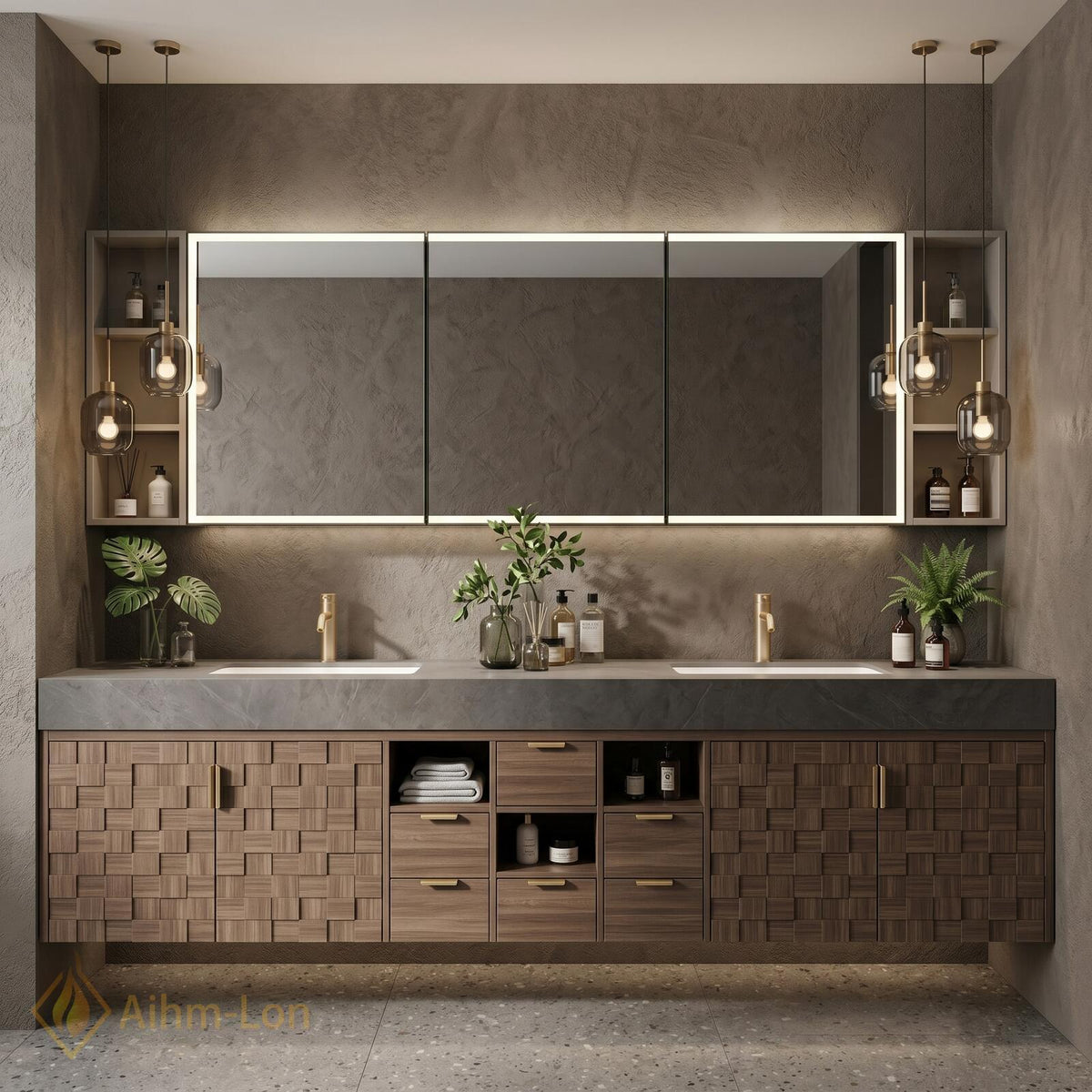 60''-96'' Bathroom Vanity with Sink Modular Block Front Grey Stone Top Central
