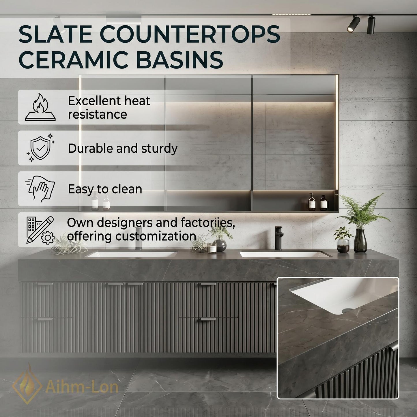 72''-96'' Double Bathroom Vanity with Sink Dark Grey Floating Panels Stone Ribbed