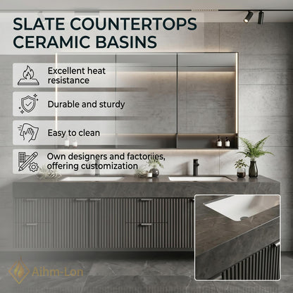 72''-96'' Double Bathroom Vanity with Sink Dark Grey Floating Panels Stone Ribbed