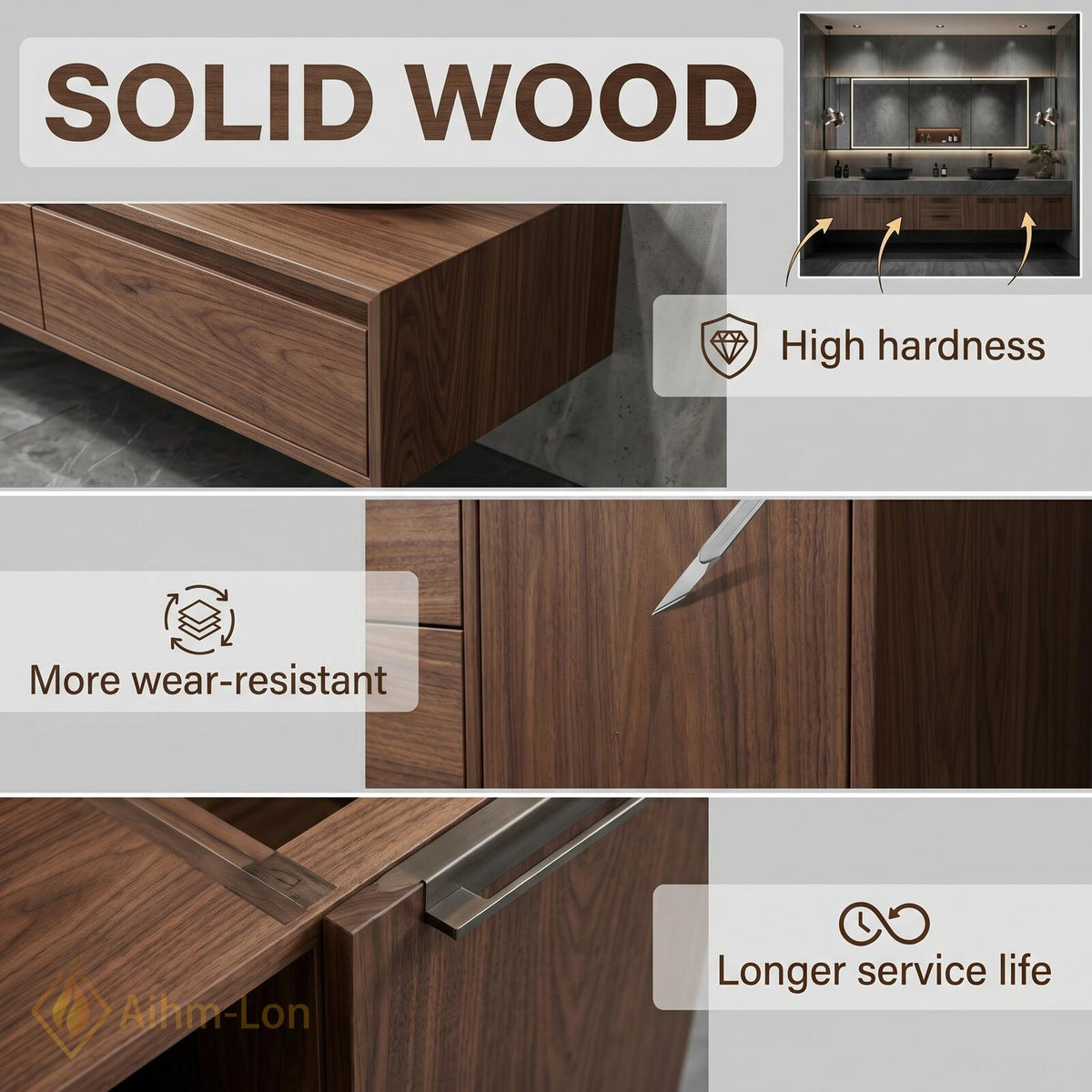 60''-96'' Double Bathroom Vanity with Sink Floating Dark Walnut Finish Mirror Cabinet