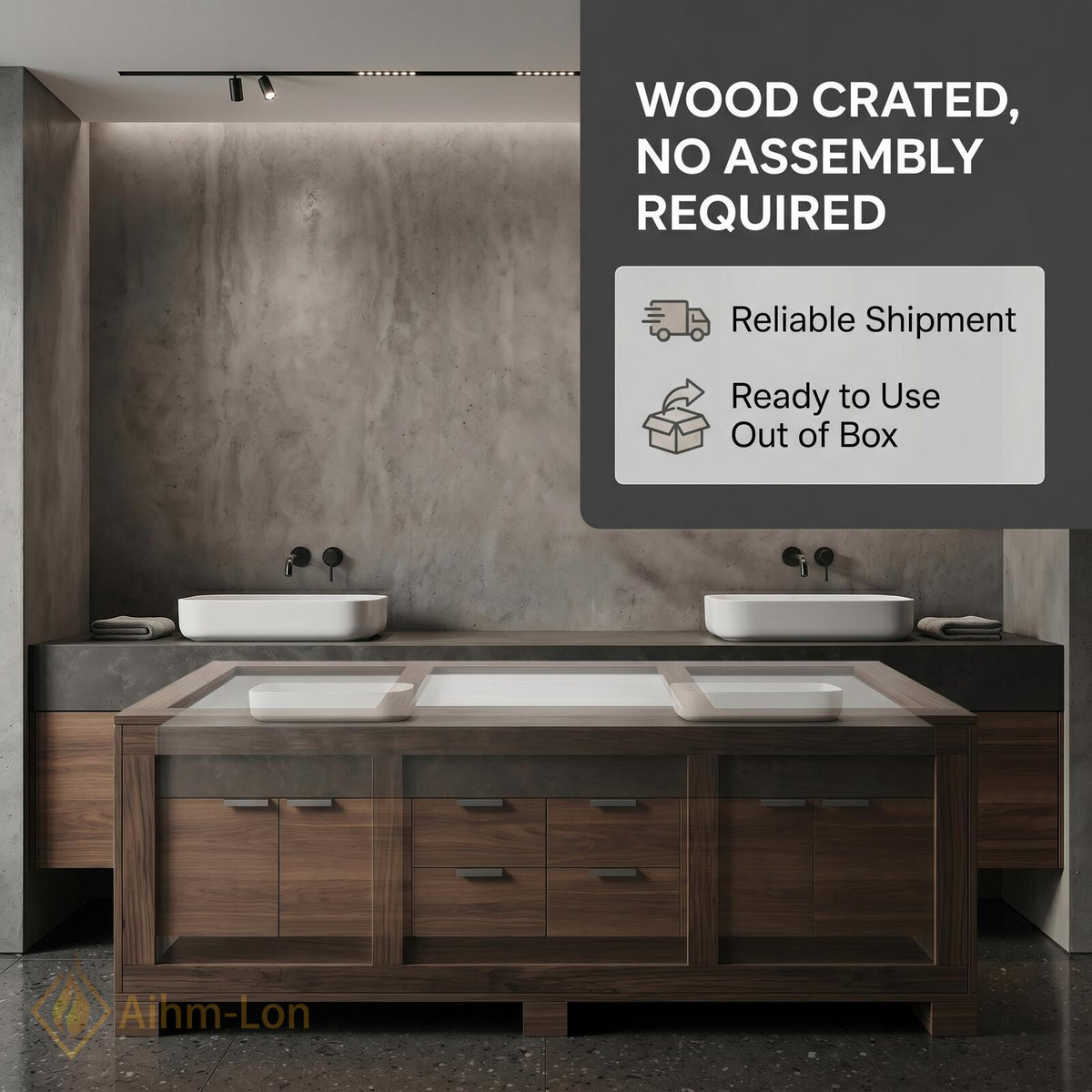 60''-96'' Double Bathroom Vanity with Sink Dark Walnut Slatted Center Panel Design