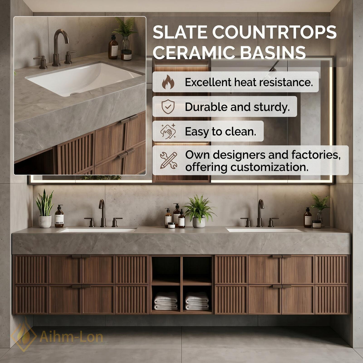 60''-96'' Double Bathroom Vanity with Sink Modern Slatted Panel Doors Stone Top