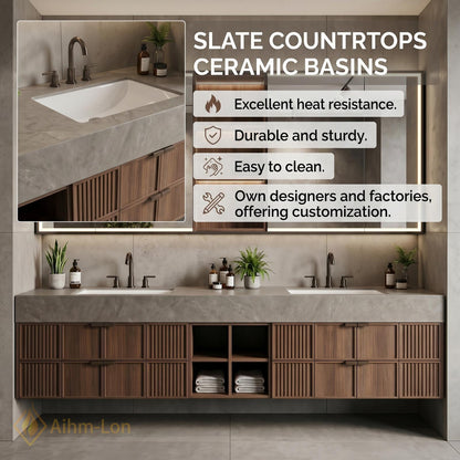 60''-96'' Double Bathroom Vanity with Sink Modern Slatted Panel Doors Stone Top