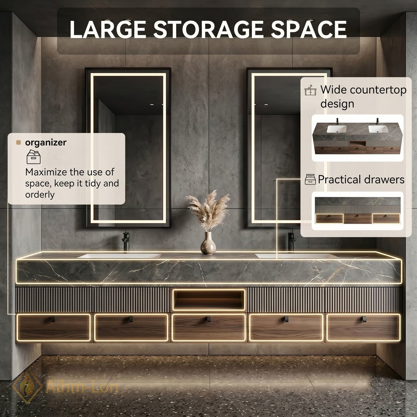78''-96'' Double Bathroom Vanity with Sink Grey-Wood Modern Marble-Top Grain
