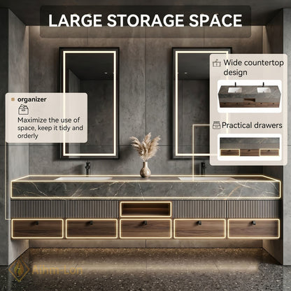 78''-96'' Double Bathroom Vanity with Sink Grey-Wood Modern Marble-Top Grain