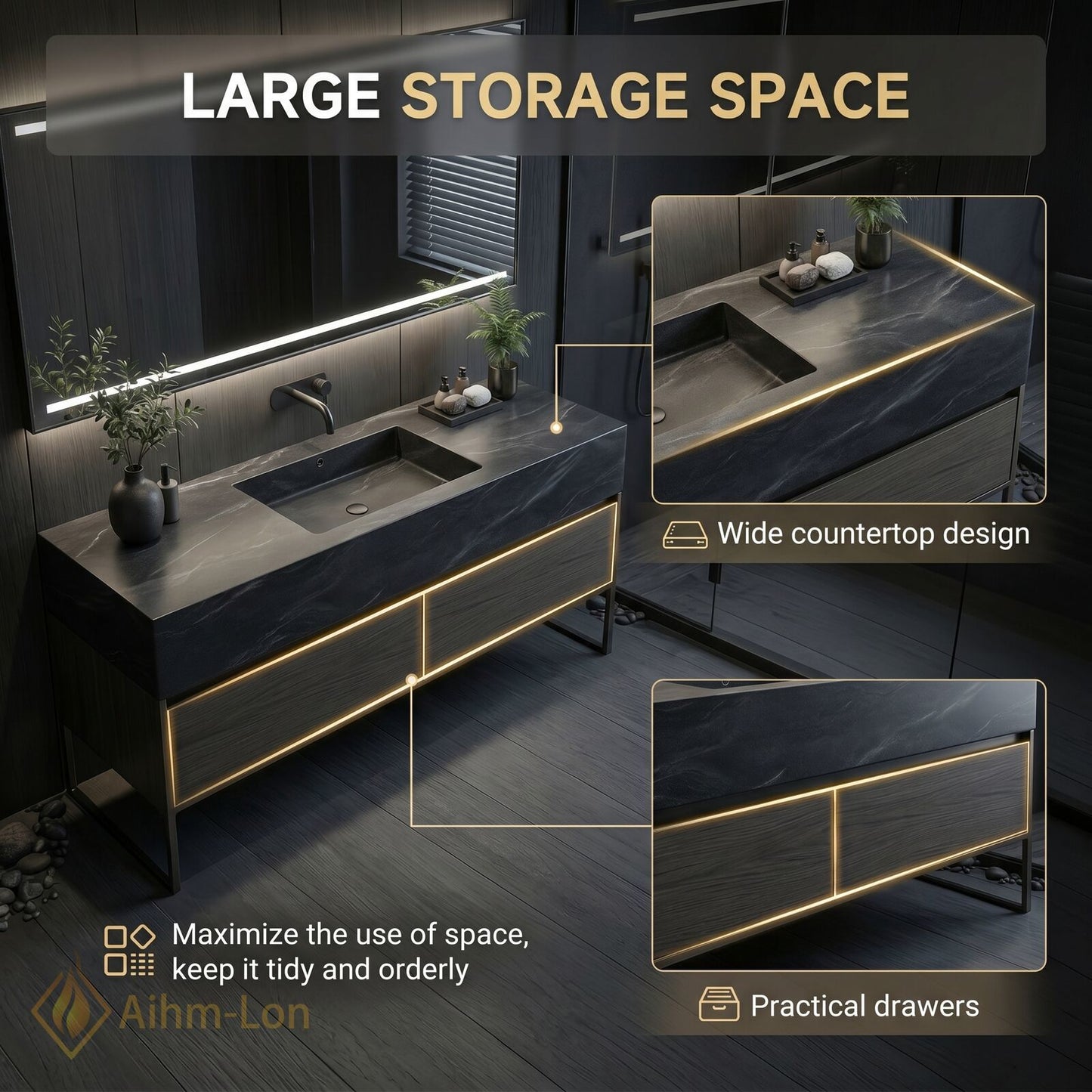 36''-64'' Modern Bathroom Vanity with Sink Grey Stone Veining Wood Grain Base
