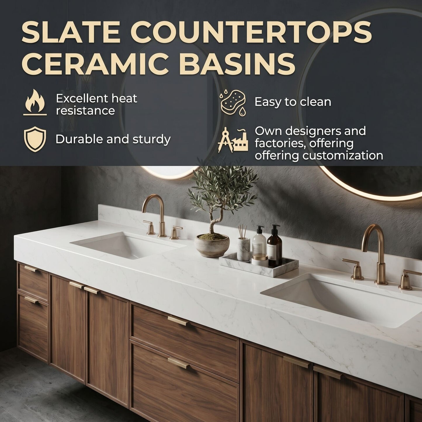70''-96'' Modern Bathroom Vanity with Sink Double Sink Walnut Wood Marble Floating Cabinet