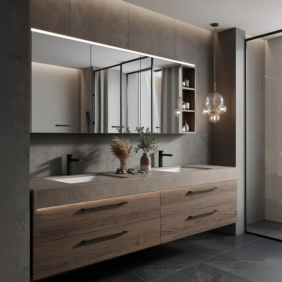 60''-96'' Double Bathroom Vanity with Sink Modern Floating Warm Oak Finish Cabinet