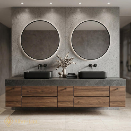60''-96'' Double Bathroom Vanity with Sink Walnut Modern Floating Grain Drawer Storage