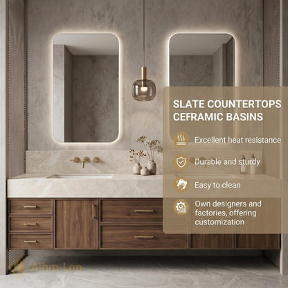 70''-96'' Double Bathroom Vanity with Sink Floating Stone Marble-Top Storage Drawers