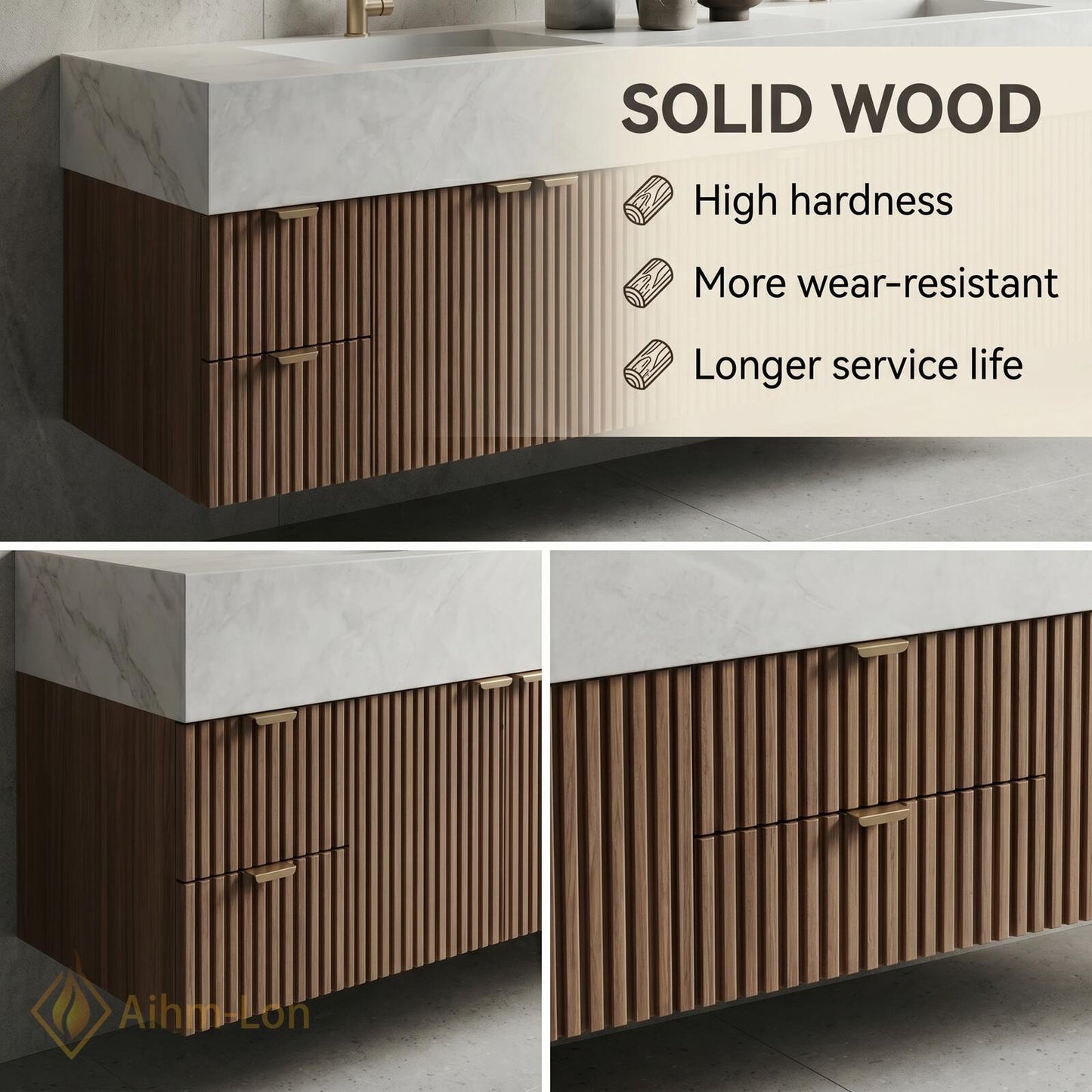 76''-96'' Modern Bathroom Vanity with Sink Floating Slatted Wood White Stone Mirror Cabinet