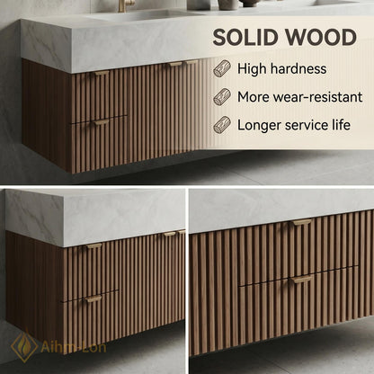 76''-96'' Modern Bathroom Vanity with Sink Floating Slatted Wood White Stone Mirror Cabinet
