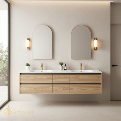 60''-96'' Modern Bathroom Vanity with Sink Floating Oak Grain Gold Tone Drawers