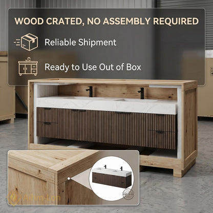 60''-96'' Double Bathroom Vanity with Sink Modern Floating Dark Walnut Slatted Storage