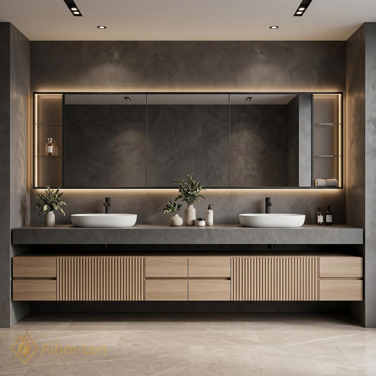 60''-96'' Double Bathroom Vanity with Sink Grey Stone Top Textured Wood Front