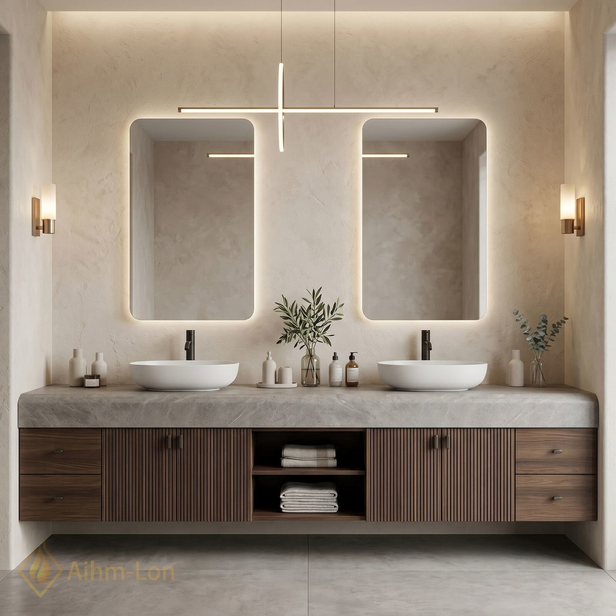 60''-96'' Double Bathroom Vanity with Sink Grey Stone Vertical Slatted Doors Shelving