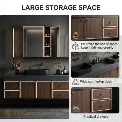 60''-96'' Double Bathroom Vanity with Sink Modern Dark Walnut Finish Mirror Storage