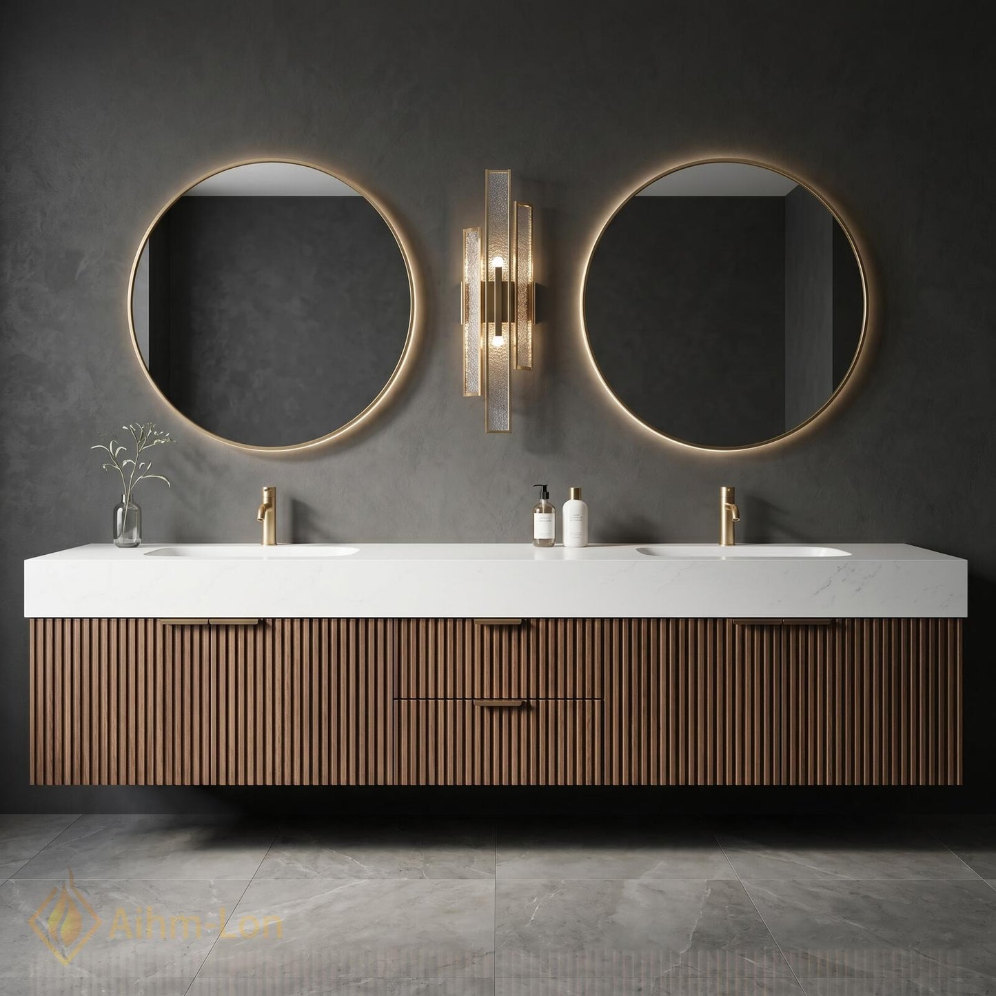 60''-96'' Double Bathroom Vanity with Sink Walnut Floating Open Shelving Vertically Grooved