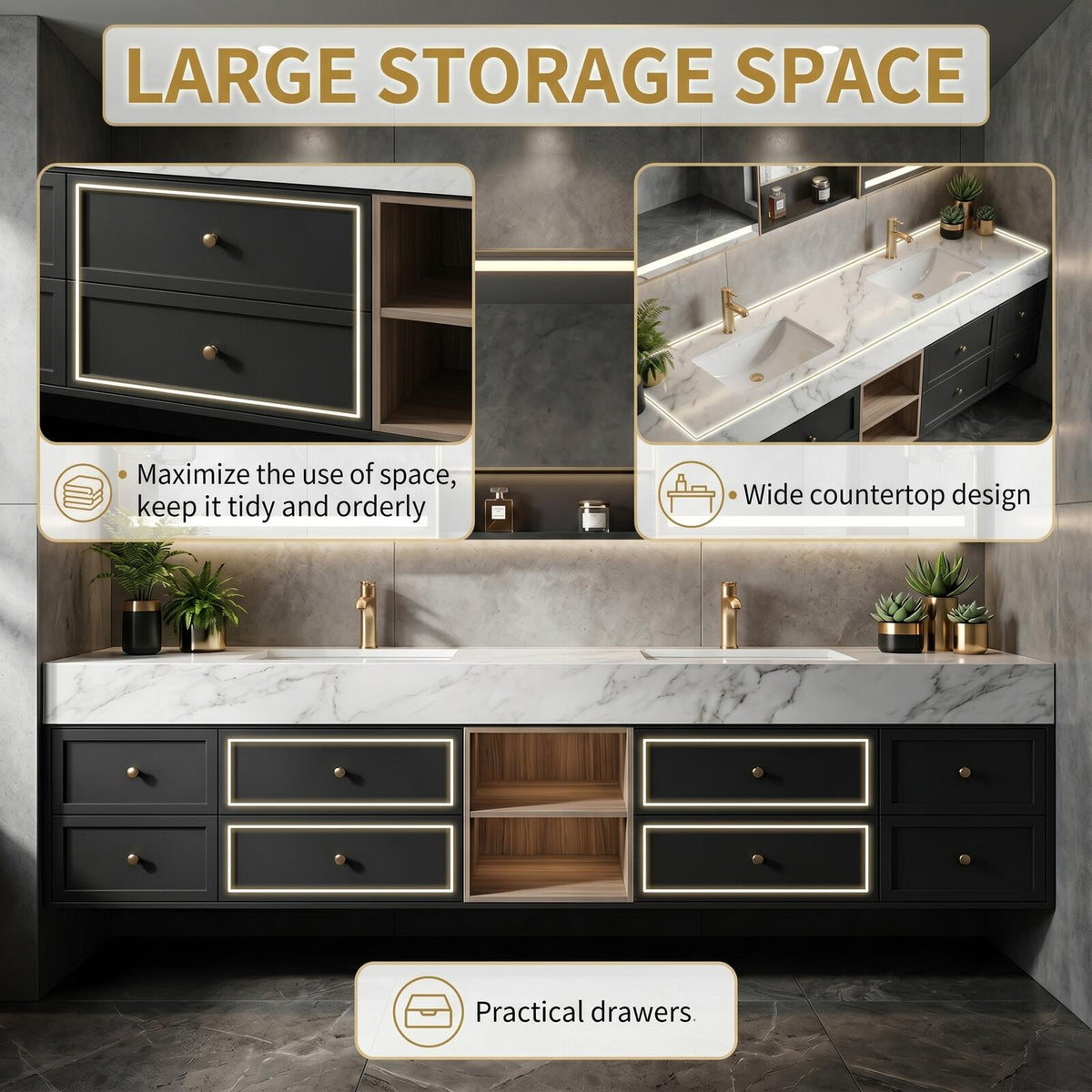 60''-96'' Double Bathroom Vanity with Sink Modern Floating Marble Top Open Wood Shelving