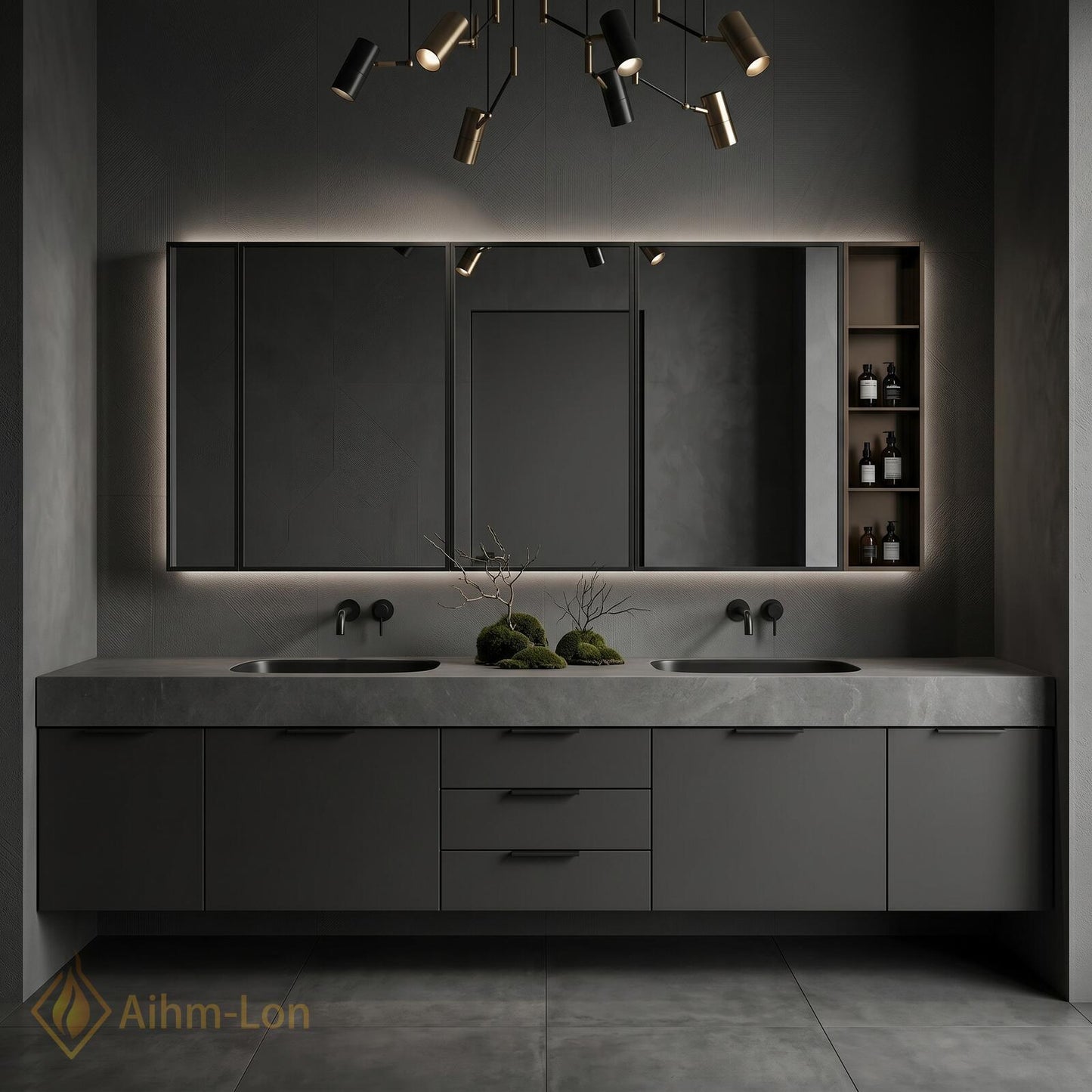 70''-96'' Modern Double Bathroom Vanity with Sink Floating Dark Matte Stone Top