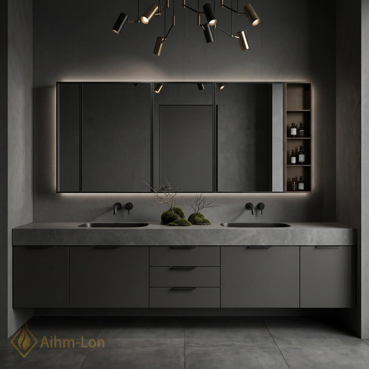 70''-96'' Modern Double Bathroom Vanity with Sink Floating Dark Matte Stone Top
