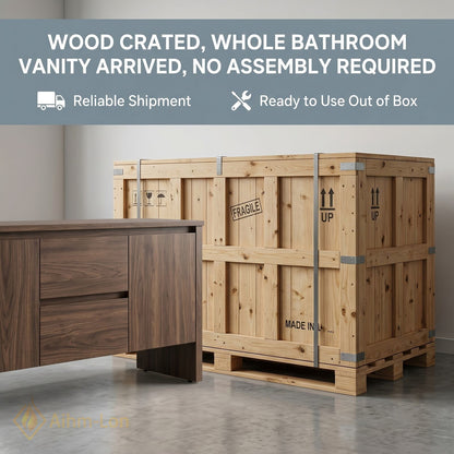 60''-96'' Modern Bathroom Vanity with Sink Floating Warm Woodgrain LED Oval Mirrors