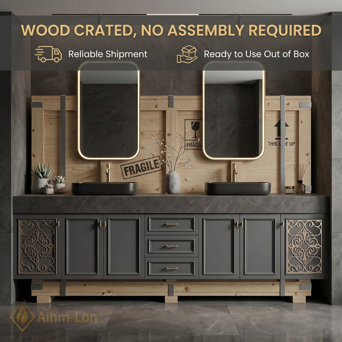 78''-96'' Double Bathroom Vanity with Sink Dark Slate Finish Slatted Center Panel