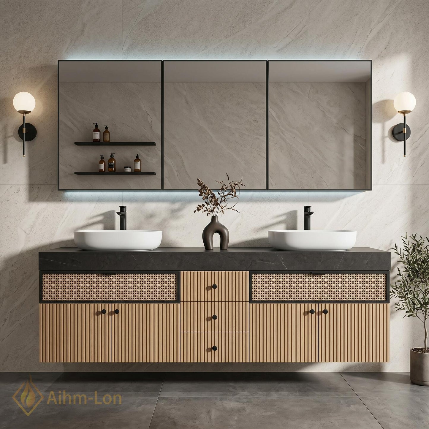 70''-96'' Double Bathroom Vanity with Sink Modern Floating Warm Oak Rattan Weave