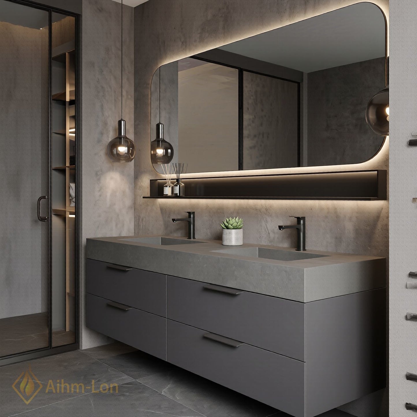 60''-96'' Double Bathroom Vanity with Sink Floating Wall Mounted Dark Stone Texture