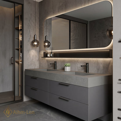 60''-96'' Double Bathroom Vanity with Sink Floating Wall Mounted Dark Stone Texture