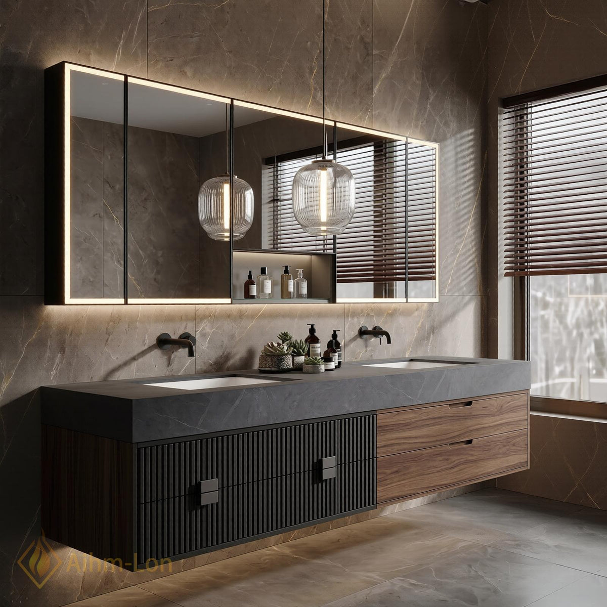60''-96'' Double Bathroom Vanity with Sink Modern Floating Ribbed Black Doors Warm