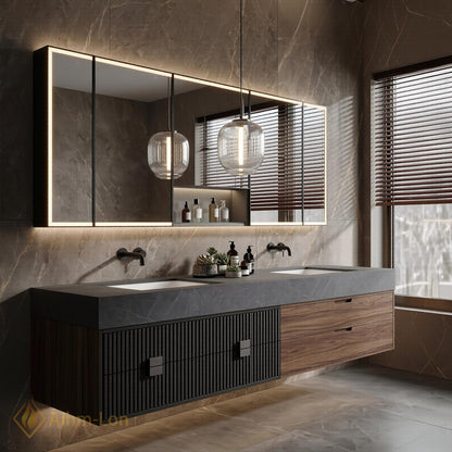 60''-96'' Double Bathroom Vanity with Sink Modern Floating Ribbed Black Doors Warm