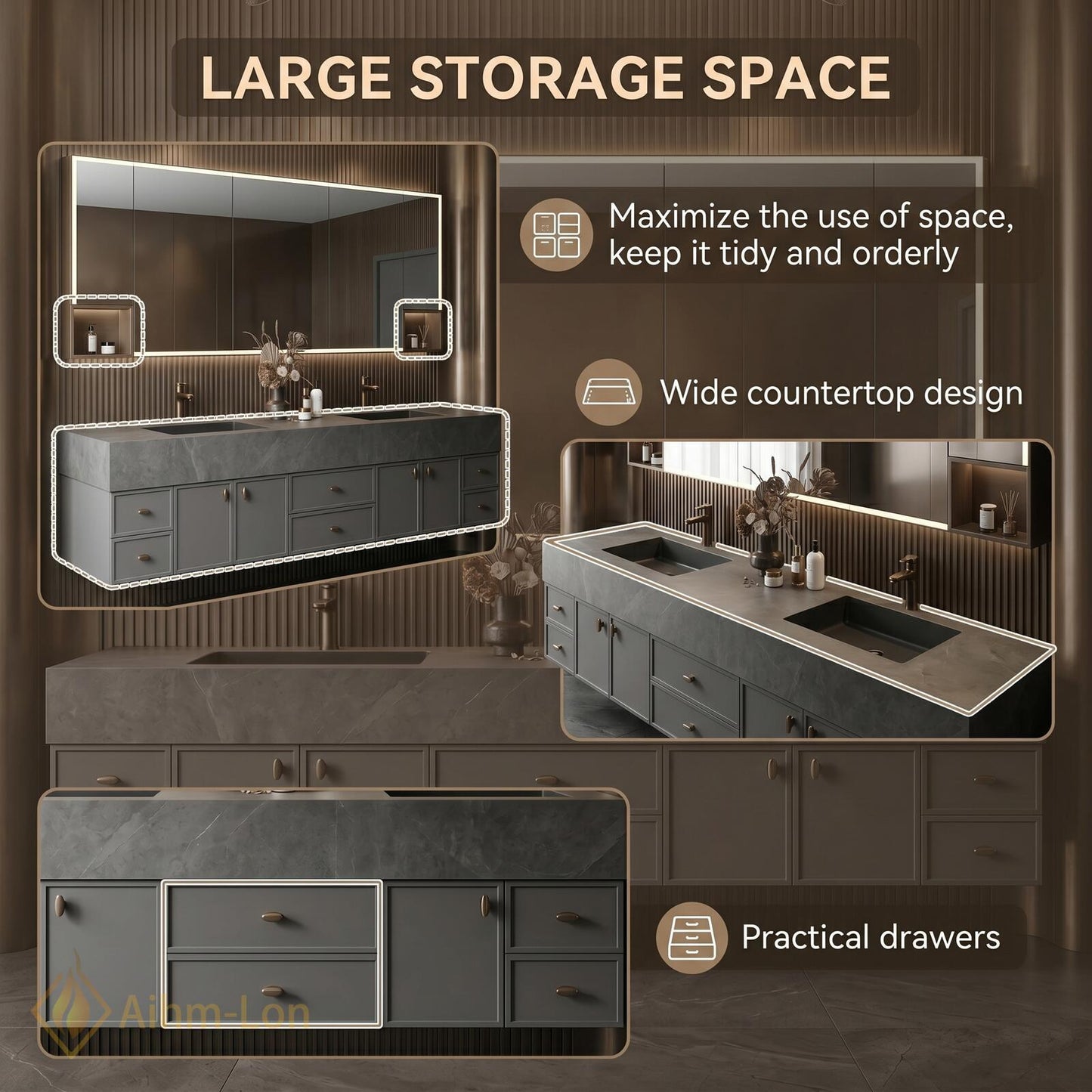 70''-96'' Double Bathroom Vanity with Sink Floating Dark Stone Wall-Mounted Mirror Cabinet