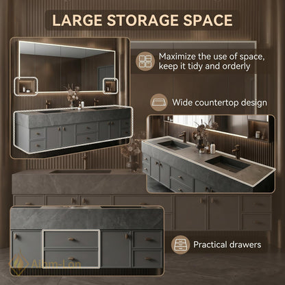 70''-96'' Double Bathroom Vanity with Sink Floating Dark Stone Wall-Mounted Mirror Cabinet