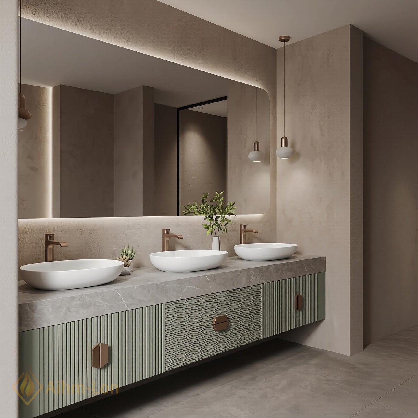 78''-96'' Triple Bathroom Vanity with Sink Sage-Green Floating Fluted Recessed Basin Panels