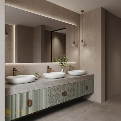 78''-96'' Triple Bathroom Vanity with Sink Sage-Green Floating Fluted Recessed Basin Panels