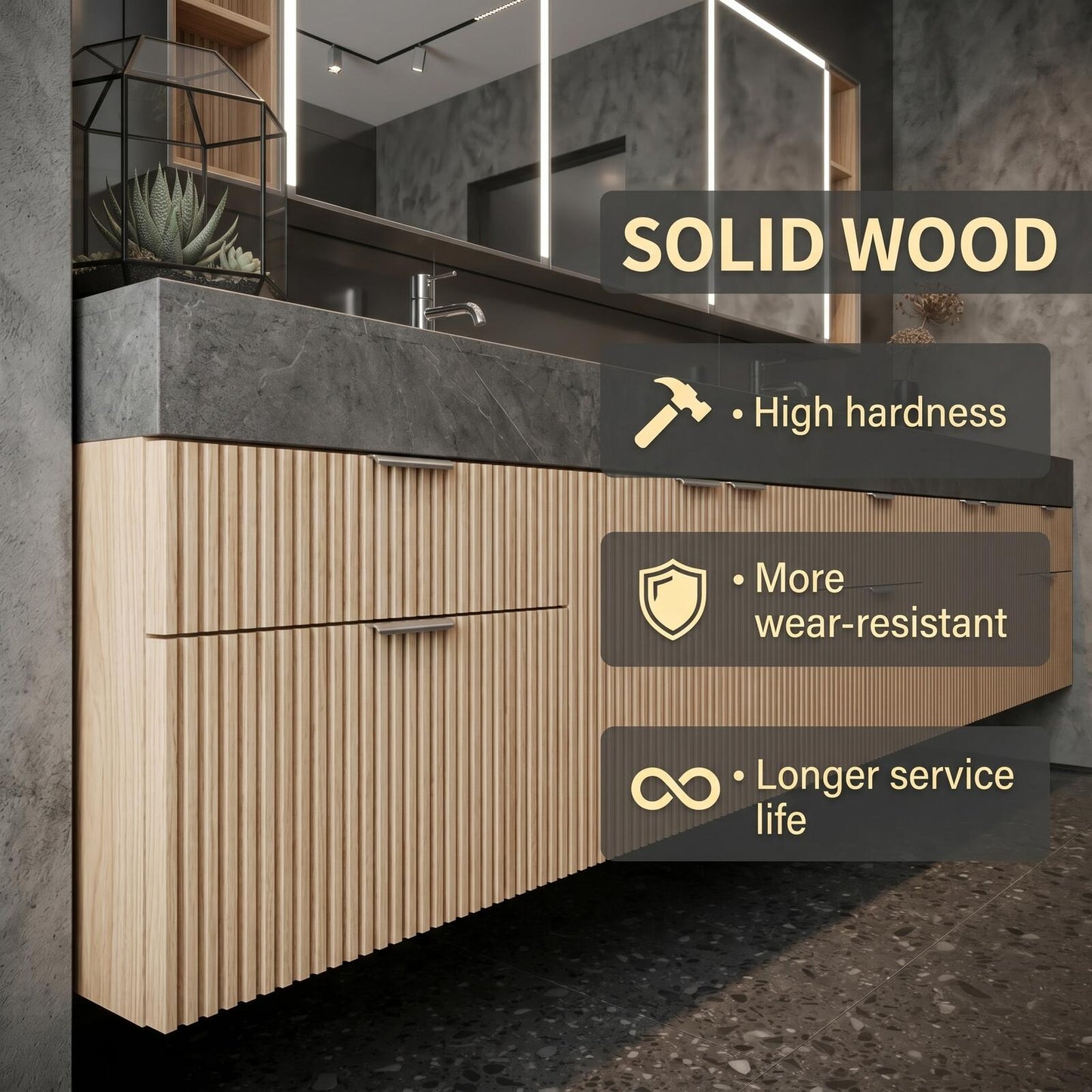 76''-96'' Modern Bathroom Vanity with Sink Double Sink Ribbed Wood Dark Stone Countertop Cabinet