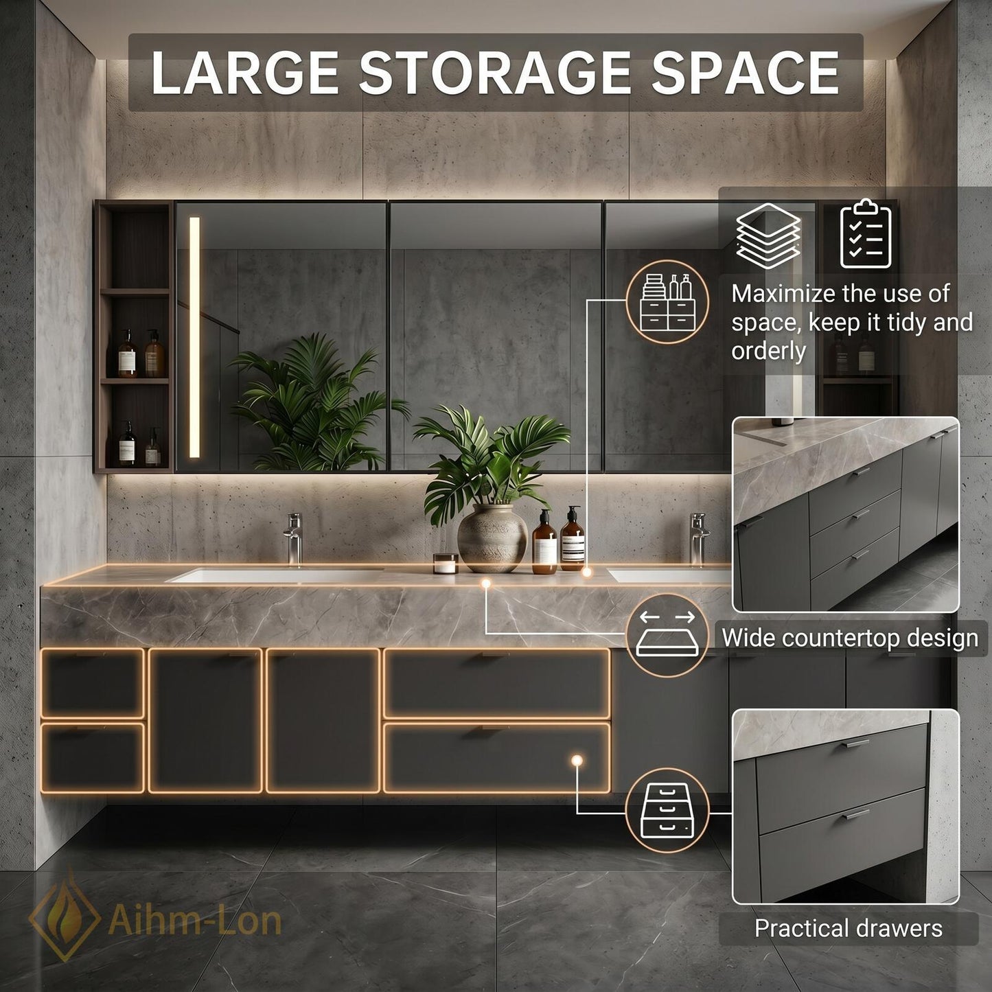 70''-96'' Double Bathroom Vanity with Sink Modern Floating Grey Marble-Look Mirror Storage