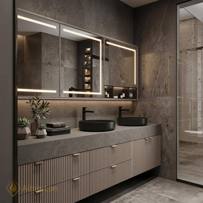 70''-96'' Double Bathroom Vanity with Sink Modern Floating Grey Stone-Effect Top Slatted