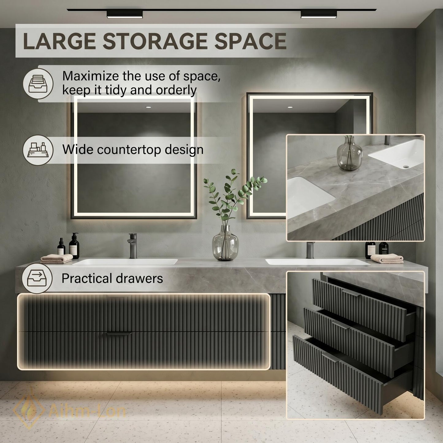 60''-96'' Double Bathroom Vanity with Sink Grey Modern Floating Fluted Drawer Top