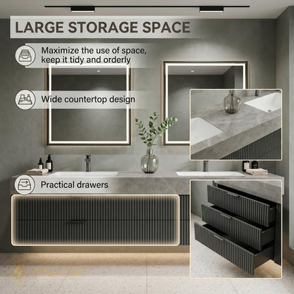 60''-96'' Double Bathroom Vanity with Sink Grey Modern Floating Fluted Drawer Top