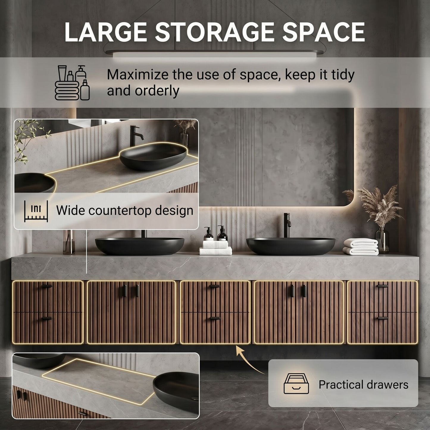 78''-96'' Modern Bathroom Vanity with Sink Double Sink Grey Stone Slatted Wood Front