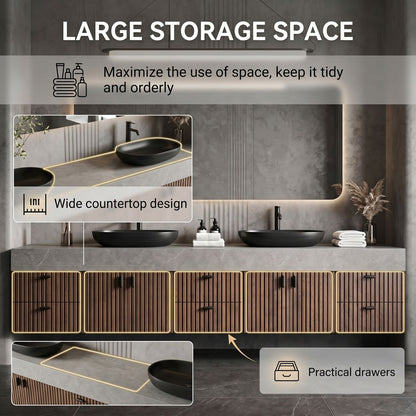78''-96'' Modern Bathroom Vanity with Sink Double Sink Grey Stone Slatted Wood Front