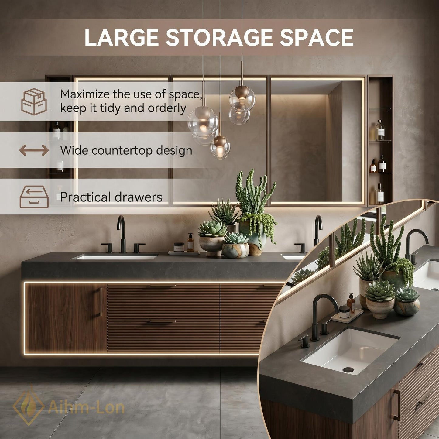 72''-96'' Double Bathroom Vanity with Sink Dark Modern Floating Stone-Top